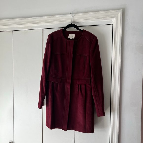 NWT! LOFT Burgundy Zip Collarless Winter Coat - 52% Wool - Size Medium - Picture 1 of 6